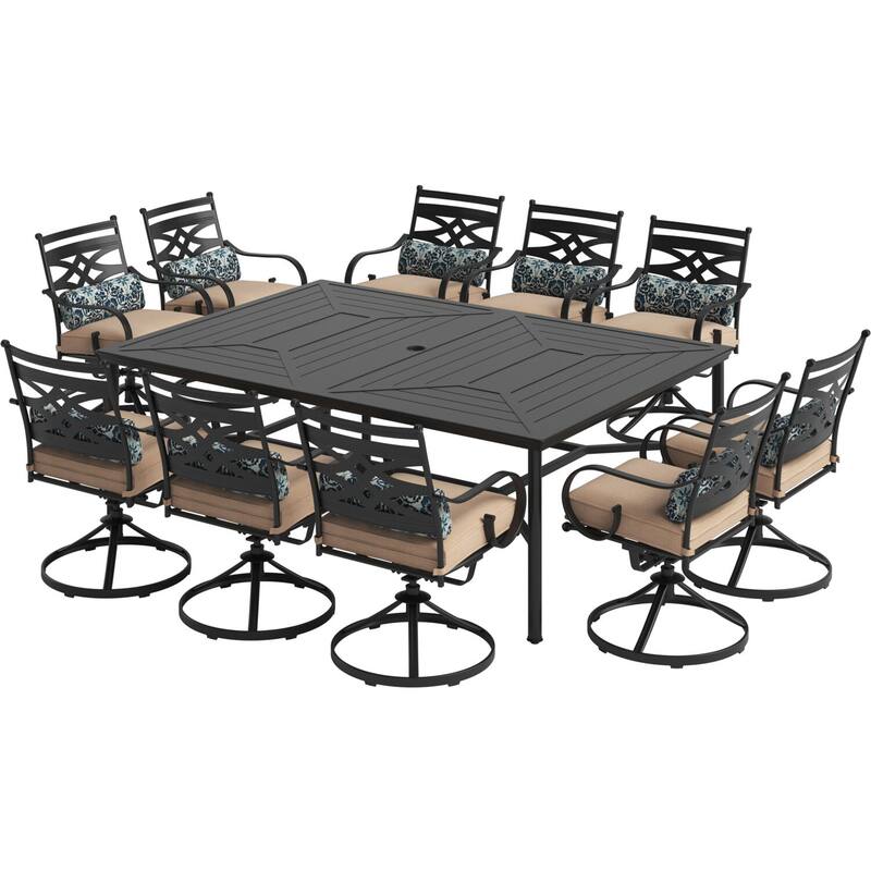 Hanover Montclair 11-Piece Dining Set in Tan with 10 Swivel Rockers and a 60-In. x 84-In. Table