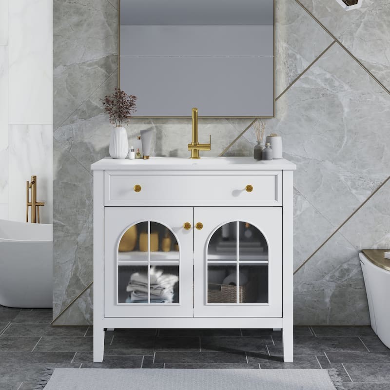 Modern Single Sink Bathroom Vanity Cabinet with Motion-sensor Light Strip & Patterned Glass, Ceramic Integrated Basin