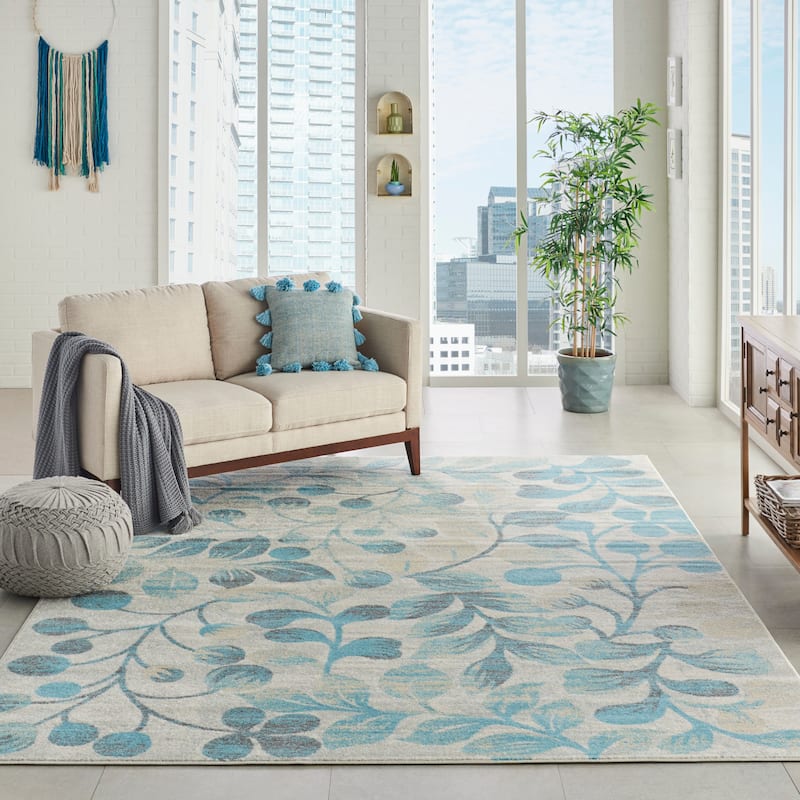Nourison Tranquil Abstract Floral Leaves Botanical Area Rug - 8'10" x 11'10" - Aqua - Rectangle