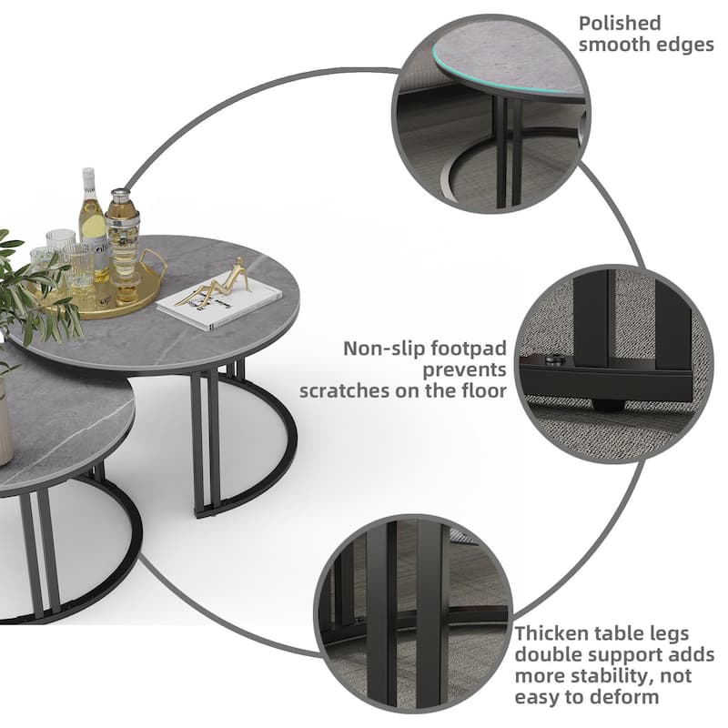 2X Round Nested Coffee Table Sintered Stone Top Metal Tables - 27”x16”