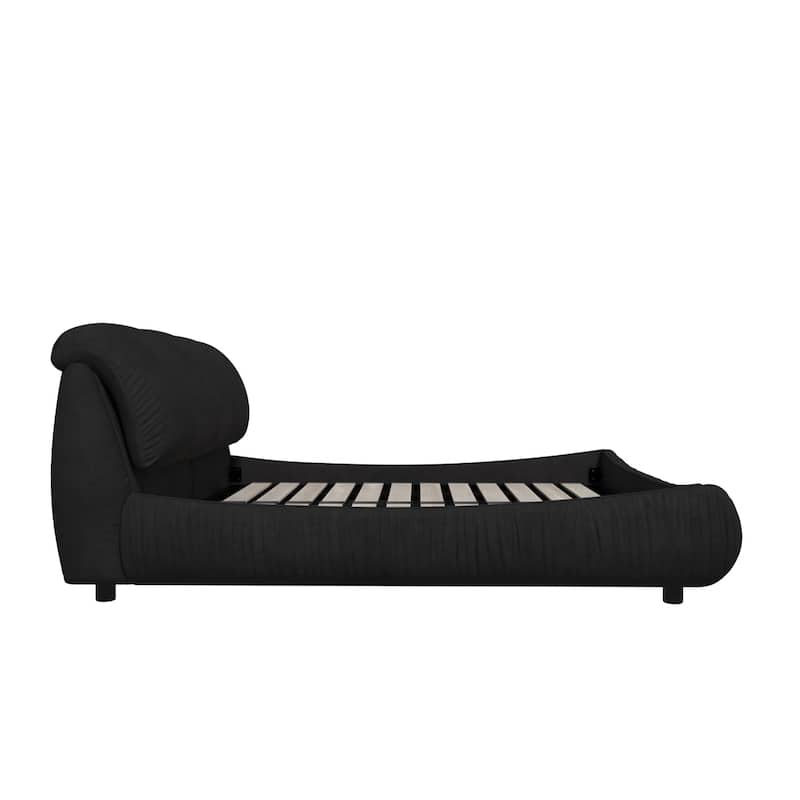 Upholstered Platform Bed with Oversized Padded Backrest, Queen/King Size Low Grounded Bed with Headboard and Wood Slats