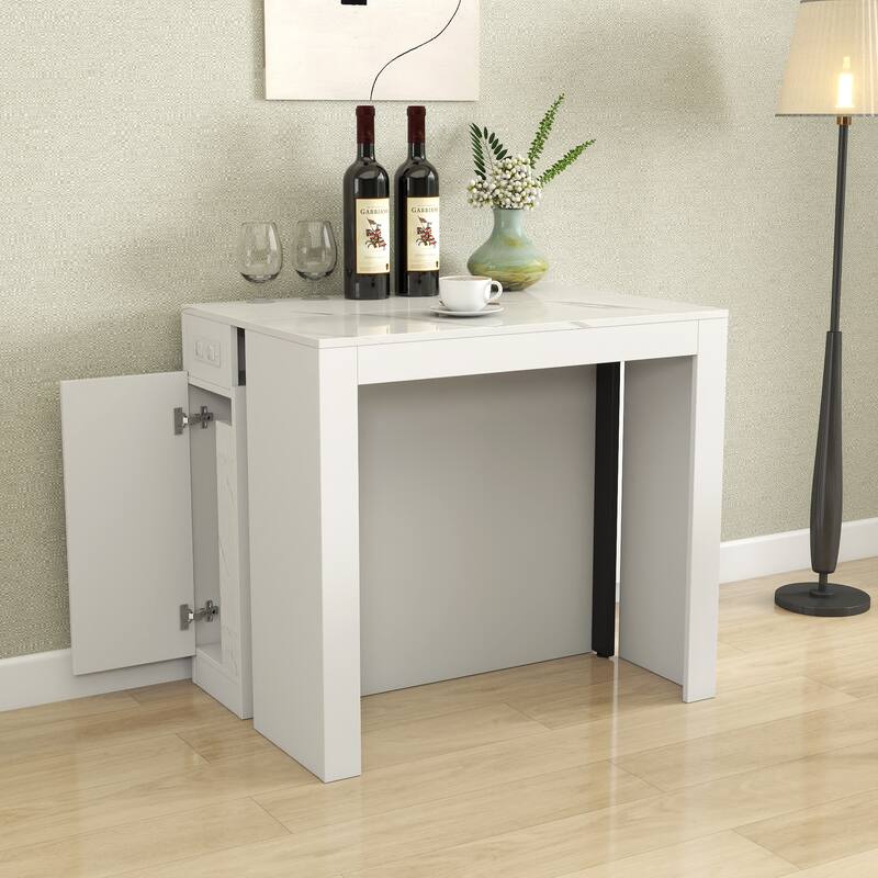 Modern Multifunctional Extendable Dining Table With Outlet,Space Saving Expanding Table With Storage