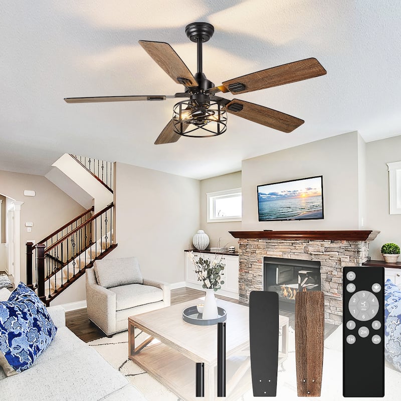 42-52Inch Caged Ceiling Fans with Lights: Dual Finish 5 Blades - Rustic with Remote Control (E26 Bulb Included)