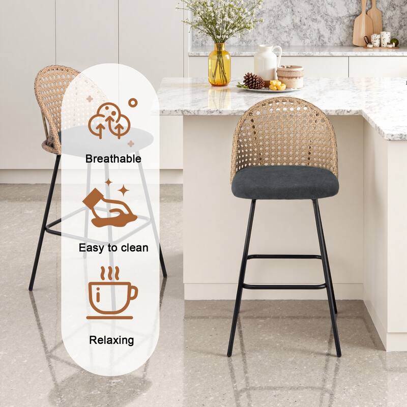 Coastal Rattan Back Counter Height Upholstered Bar Stools