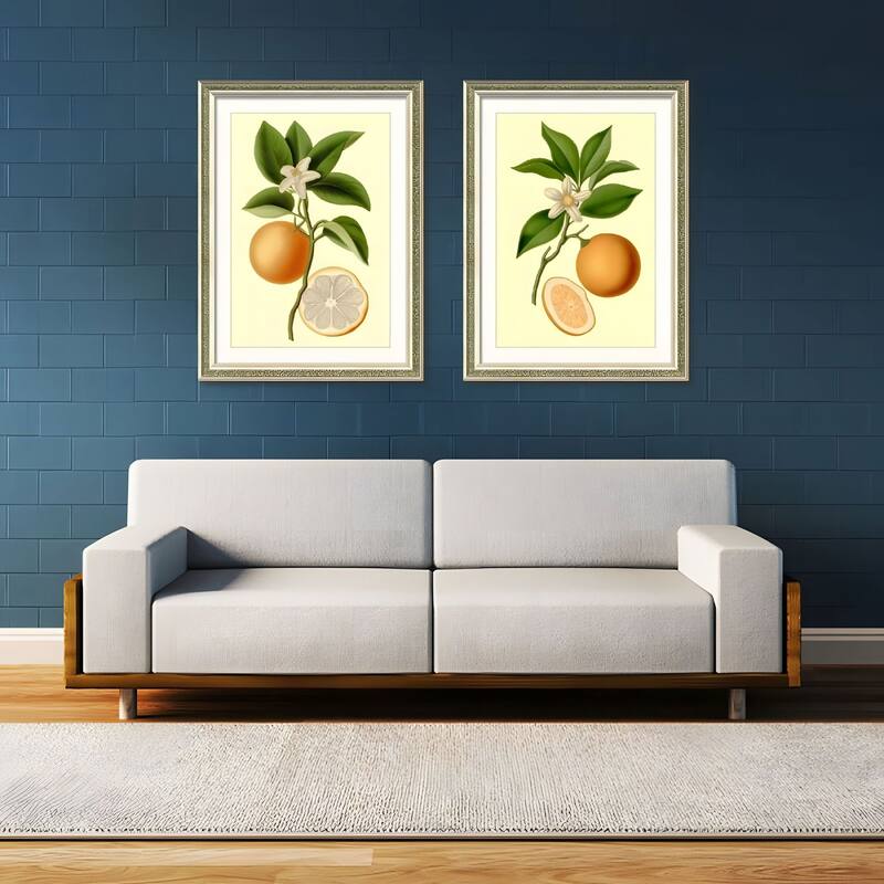 Set of 2 Orange Fruit Botanical Framed Wall Art - Replaceable Canvas Prints with Solid Wood Picture Frames - Green,Orange