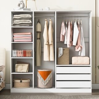 Wooden Wardrobe with 6 Compartments, 3 Drawers and Double Hanging Rods, Open Armoire Closet ...