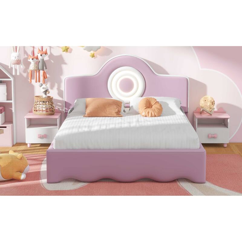 Full /Twin Size Upholstered Platform Bed with round LED Headboard,wavy design