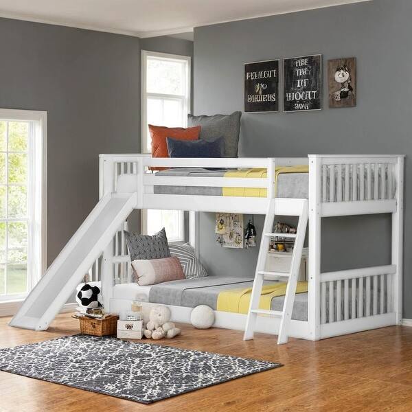 slide 2 of 16, Space-saving Low Bunk Bed with Convertible Slide and Reversible Ladder, Twin over Twin White