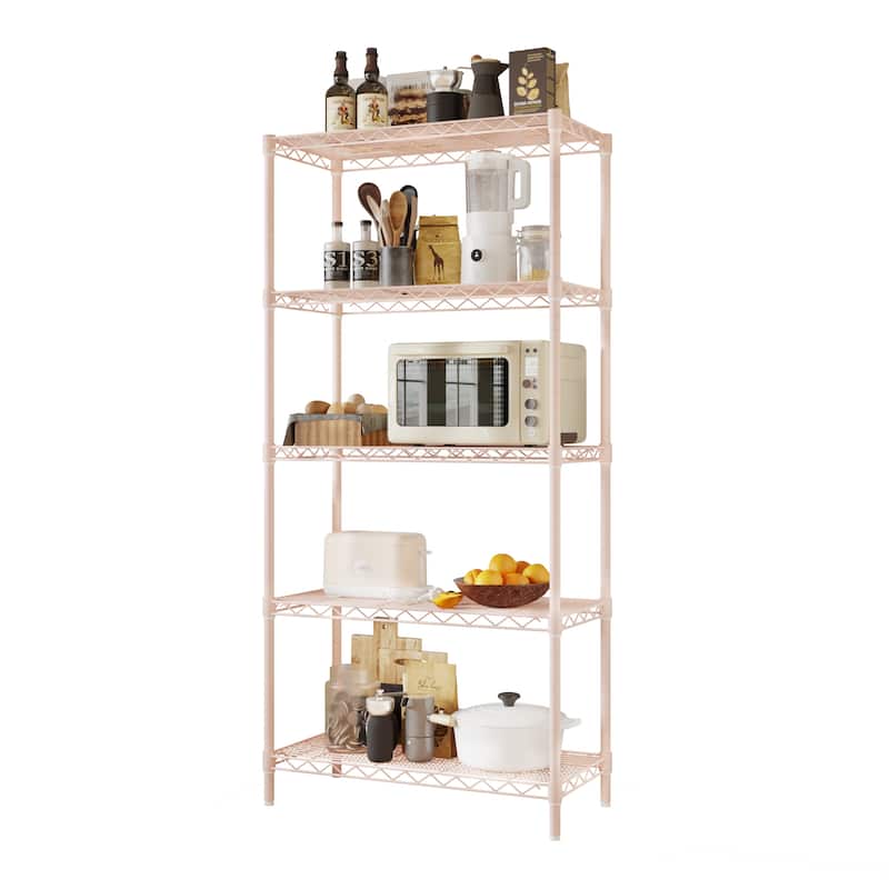 5-Tier Steel Storage Rack with Adjustable Shelves for Organizing Garage Pantry and Kitchen - Pink