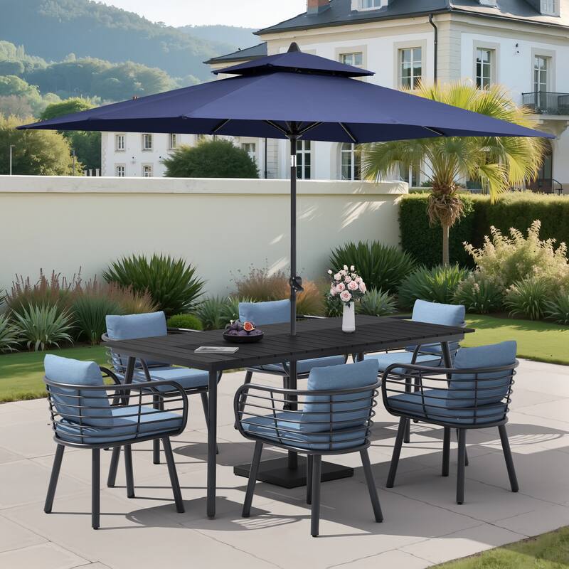 9/11-PieceOutdoor Patio Dining Set with Sunbrella Cushions Aluminum Dining Table and Chairs w/10 ft Umbrella and Base