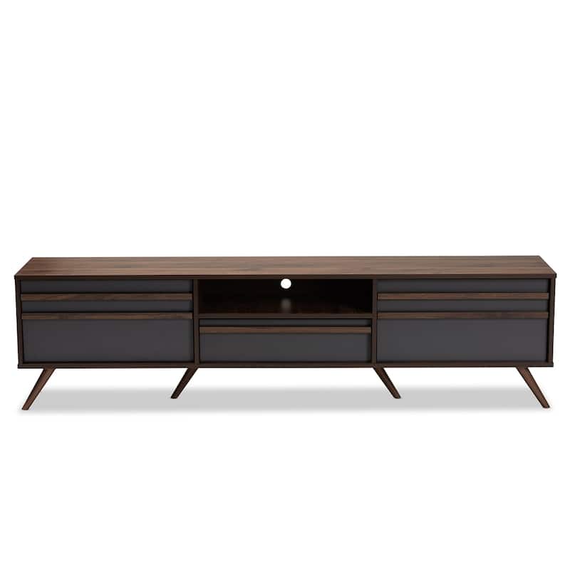 Naoki Modern and Contemporary Two-Tone Grey and Walnut Finished Wood TV Stand with Drop-Down Compartments