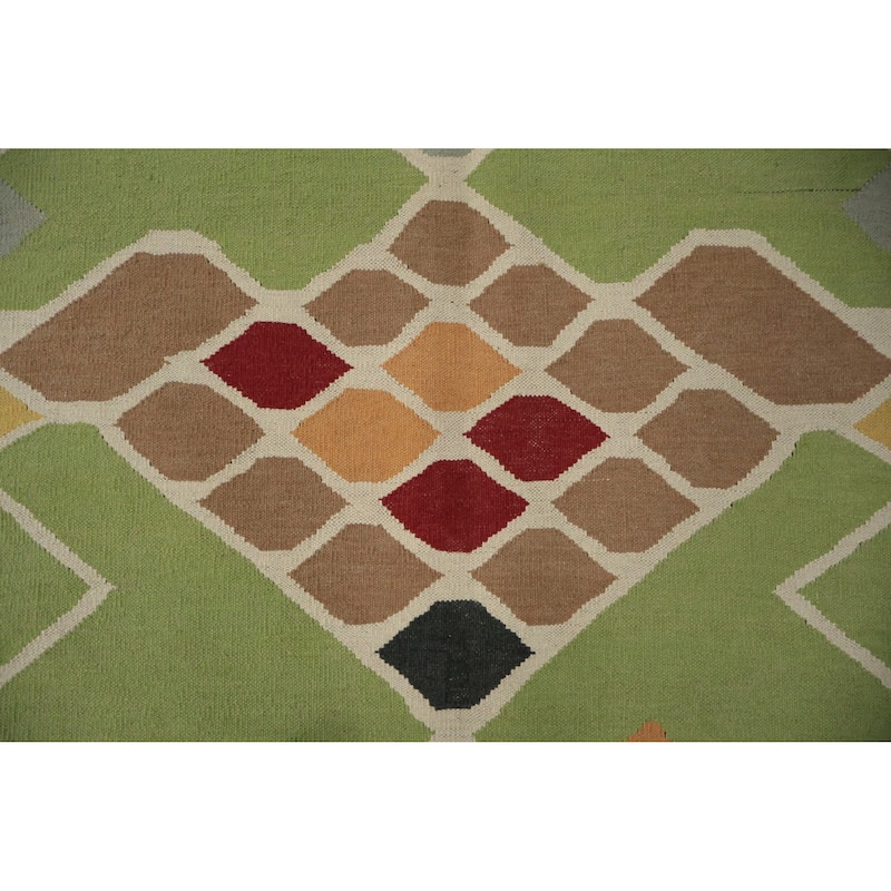 Hand Woven Oriental 100% Wool Carpet Southwestern Tribal Green Kilim Area Rug - 13' 2'' X 8' 7''