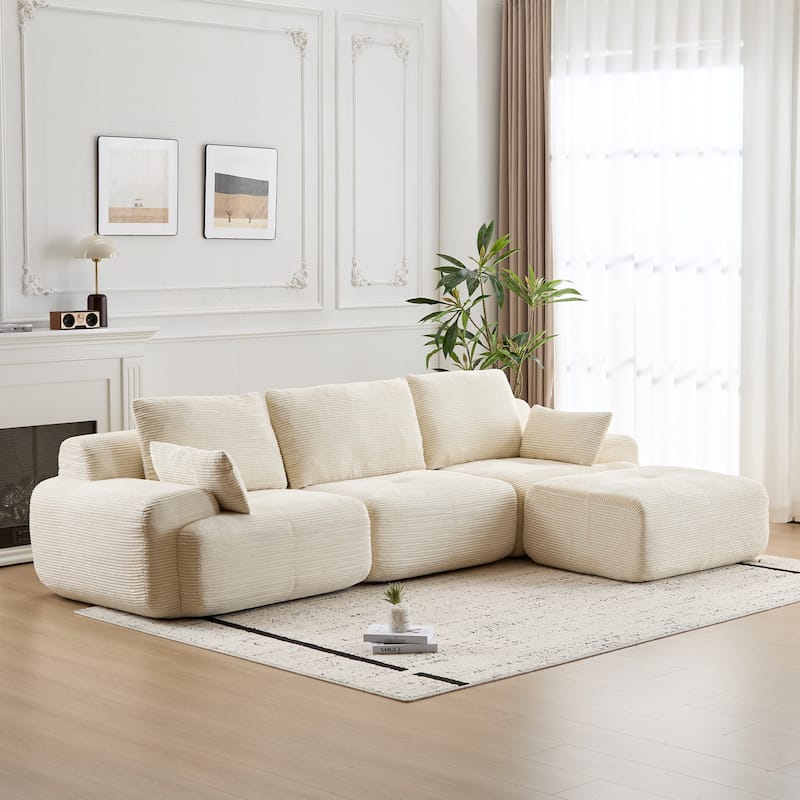 Ergonomic Deep Seat L-shaped Sectional Sofa with Chaise, Pet-Friendly Corduroy Modular Memory Foam Compressed Couch with Ottoman - Beige