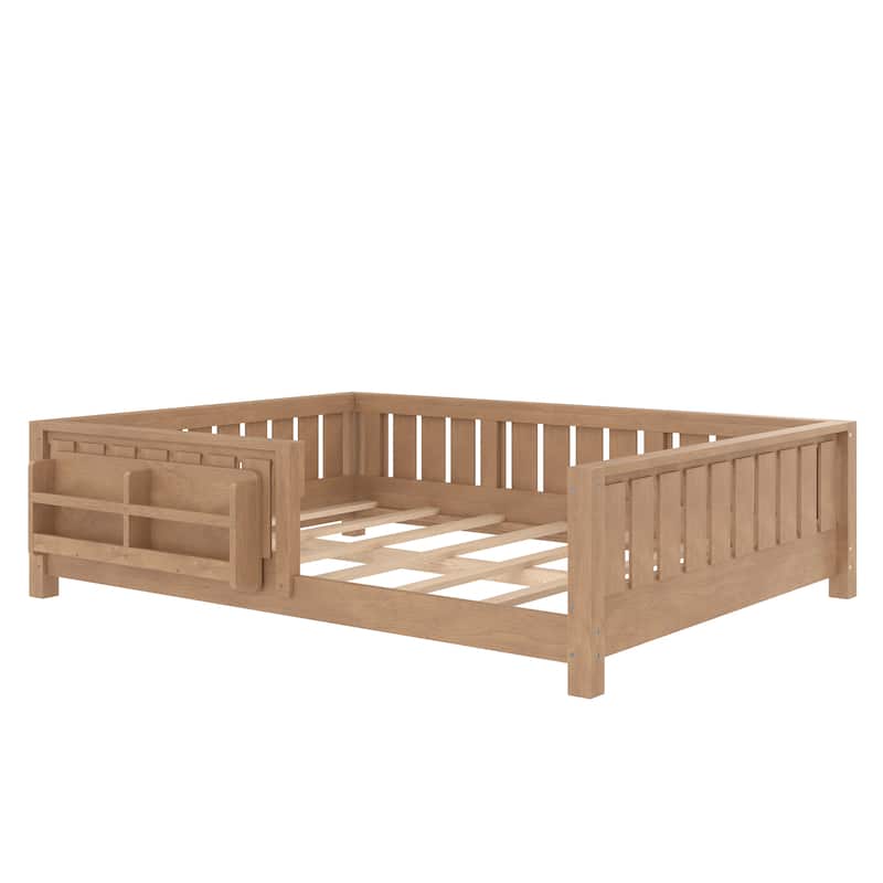 Low Profile Montessori Bed Floor Platform Bed with Fence and Bookshelf