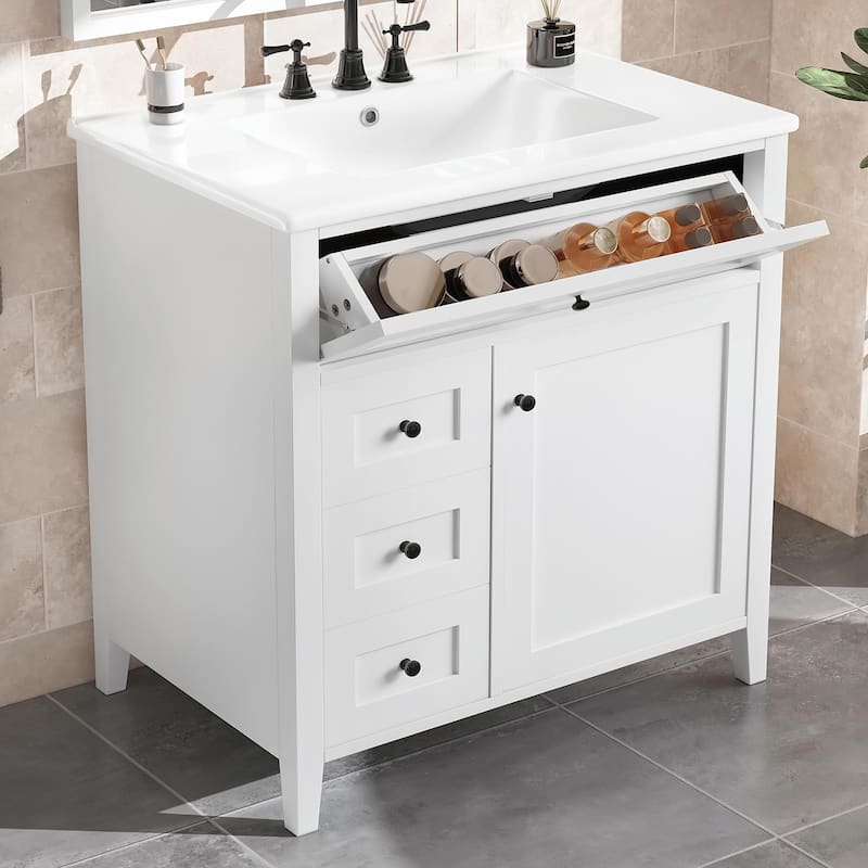 Bathroom Vanity with Sink, Modern MDF and Rubberwood Cabinet with 3 Drawers and Adjustable Shelf