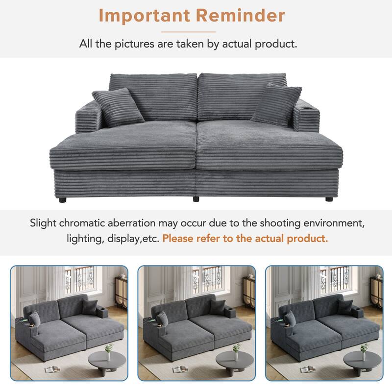 86.5" Corduroy Chaise Lounge Sofa Bed with USB & Cup Holders