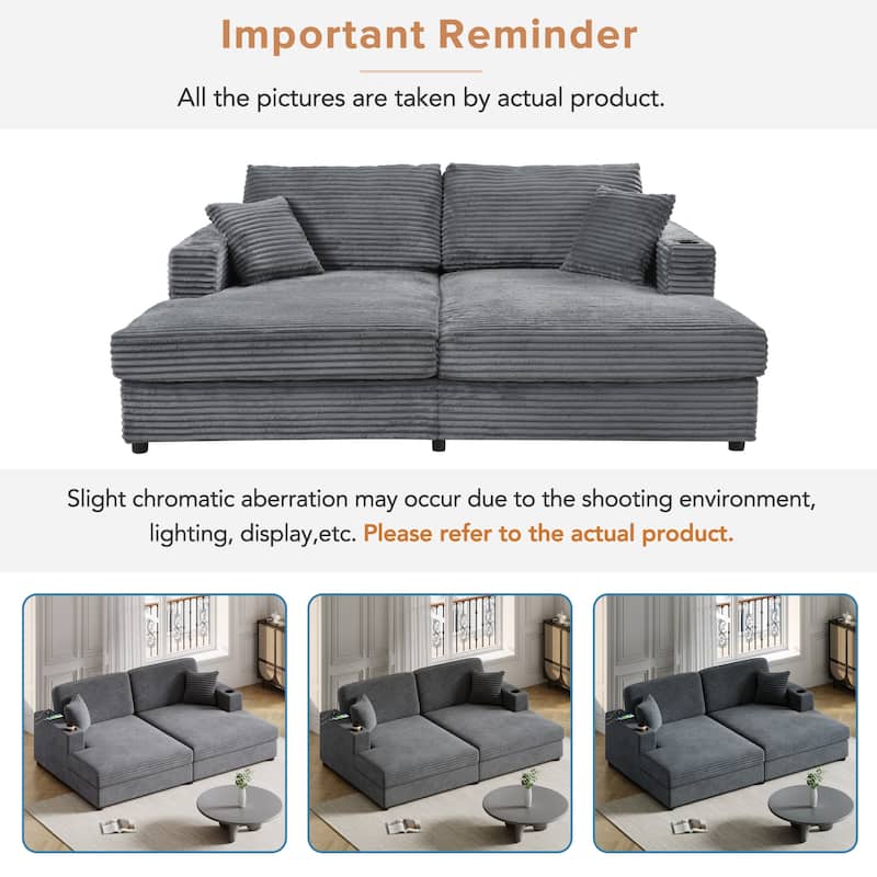86.5" Corduroy Chaise Lounge Sofa Bed with USB Ports, Cup Holders and 8" Thick Cushions