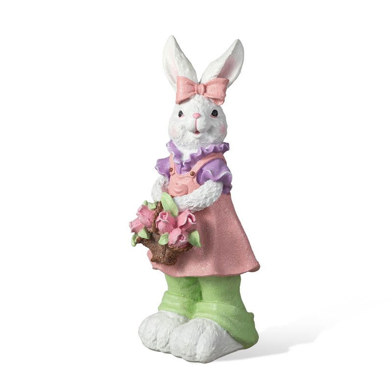Glitzhome Easter Resin Bunny Boy Girl Table Decor with Flower Rabbit Figurine Ornaments
