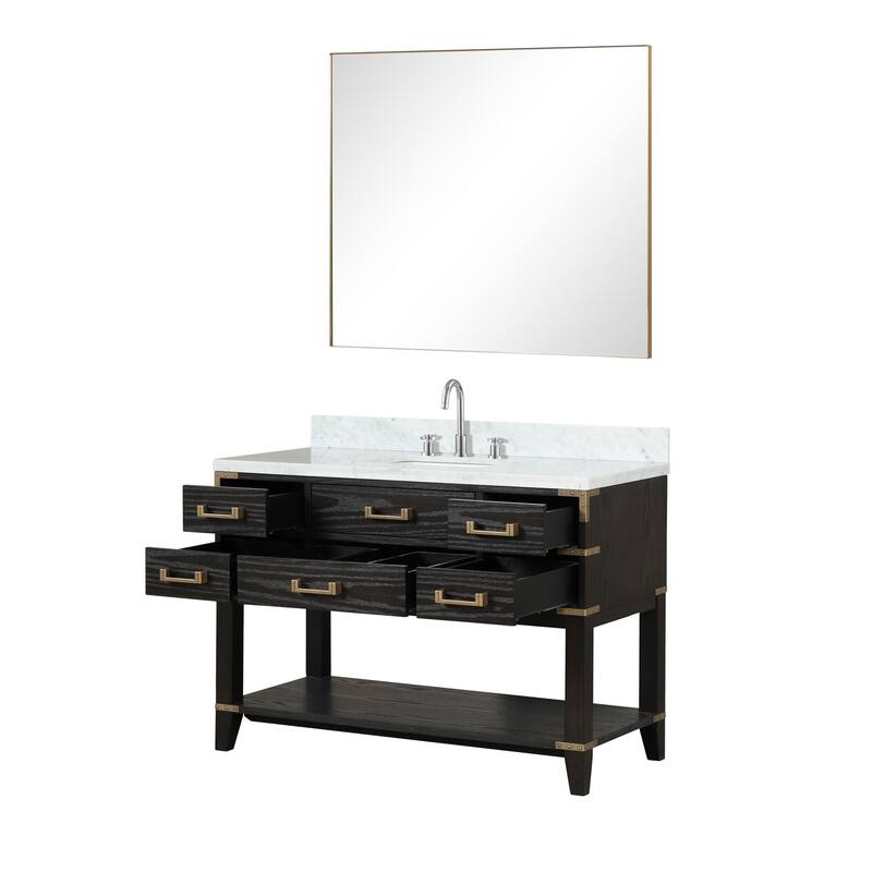 Lexora Norwalk Bath Vanity, Carrara Marble Top, Faucet Set, and Mirror
