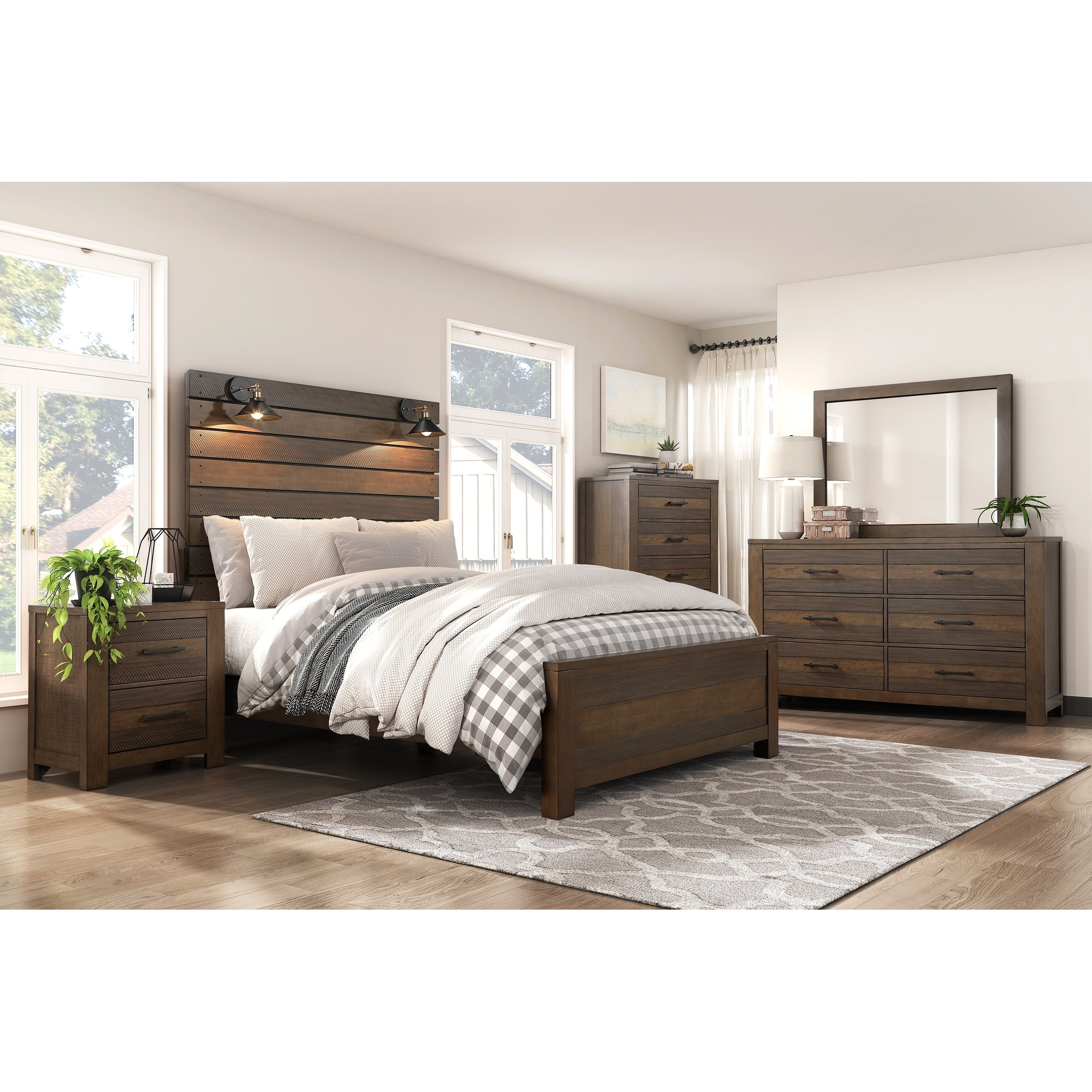 Antique Brown 6pc Bedroom Set Bed Nightstands Dresser Mirror Chest
