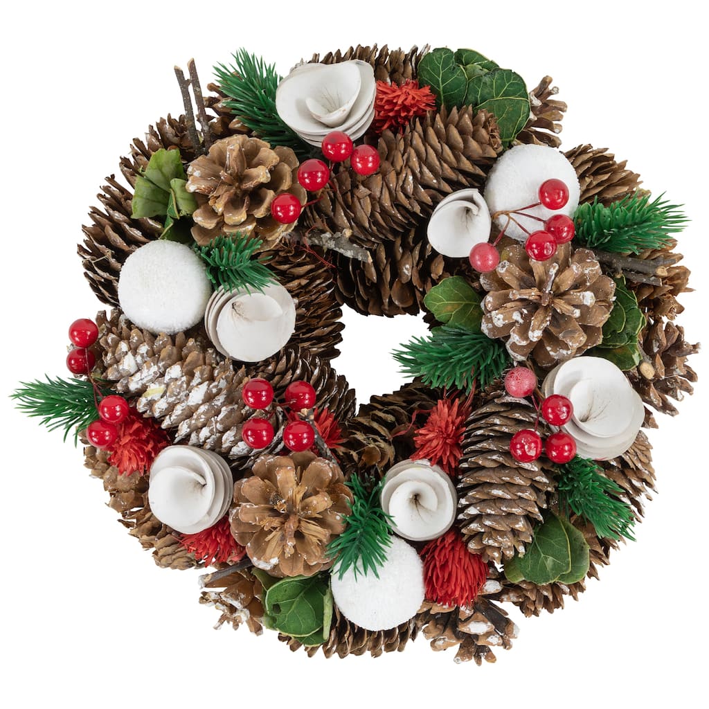 10" Green White Pine Cone Berry Artificial Christmas Wreath - Unlit