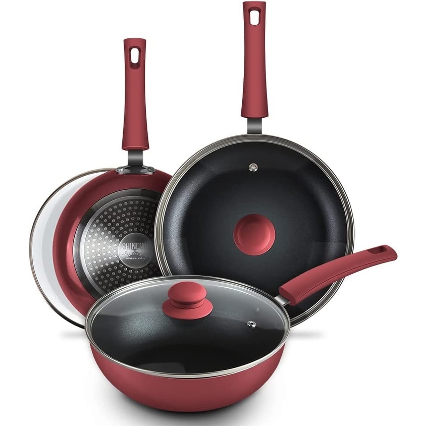 6 Pieces Nonstick Pans with Lids Nonstick Frying Pans with Lid Nonstick Skillet with Lids Ceramic Pan - Red 6 Pieces