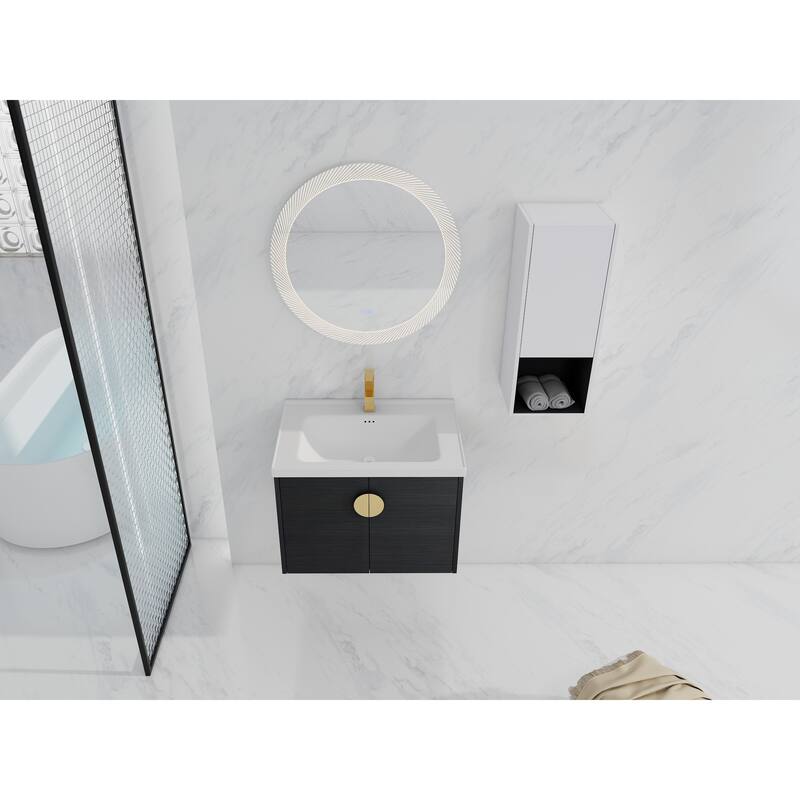 28" Floating Bathroom Vanity with Ceramic Sink, Soft-Close Doors, Wall-Mounted Side Cabinet, Black Chestnut