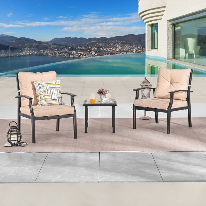 Y23 Patio Festival Outdoor Metal Seating Group with Cushions - 2Chairs1SideTable - Khaki