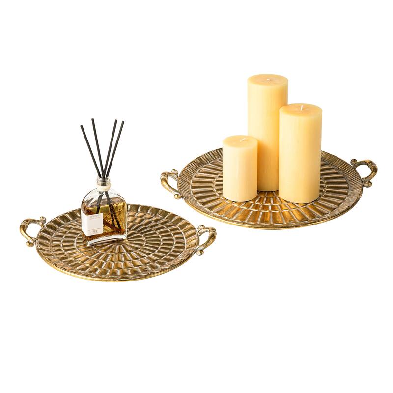 Glitzhome 17"/19"L Vintage Round Metal Gold Embossed Decorative Trays with Handles Set of 2