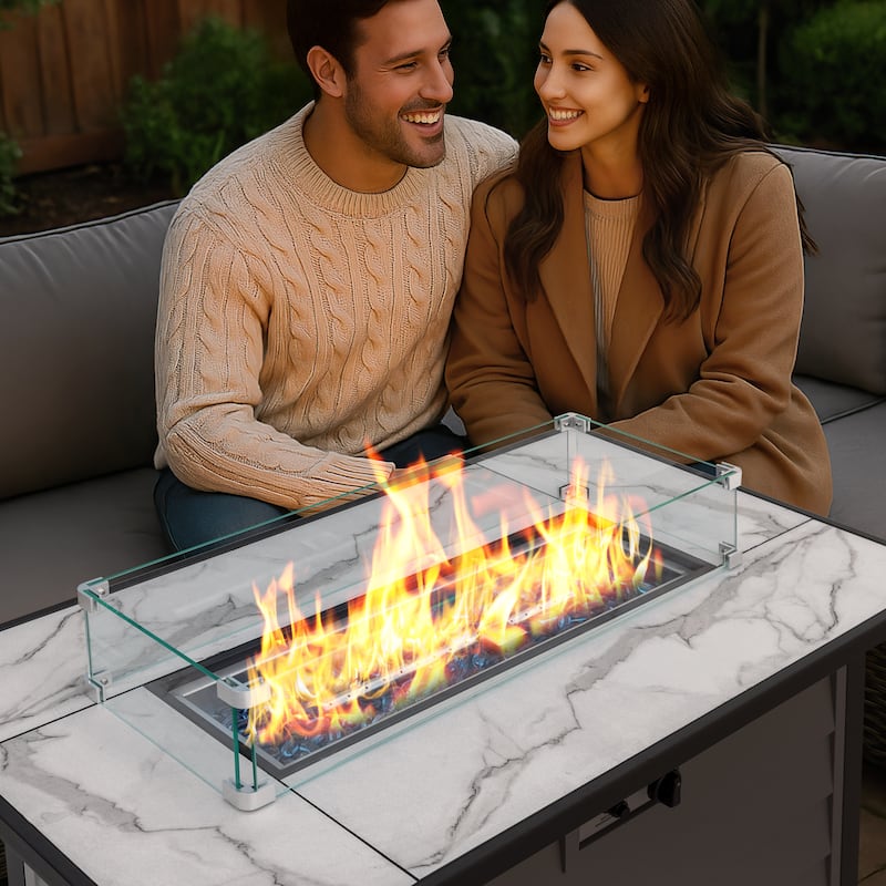 43'' Outdoor Propane Gas Fire Pit Table with Marble Texture Glass Tabletop, Ivory White