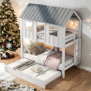 Artsy Twin over Twin House Bunk Bed with Trundle, Sturdy Roof and Windows, Playful Design, Space-saving, White