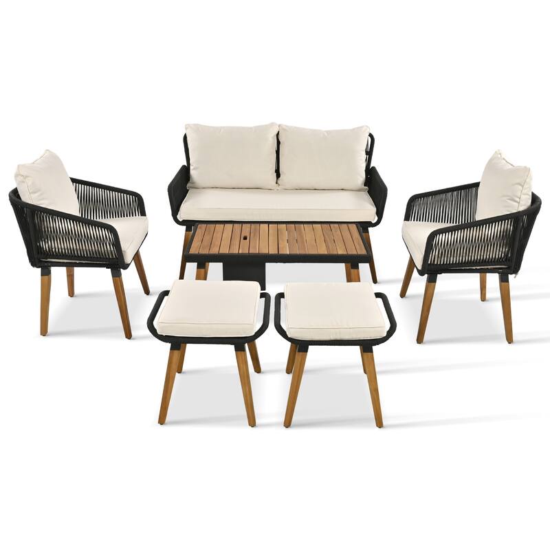 6 Pcs Patio Furniture Set, All-Weather Conversation Sets with Cushions Armchairs, Acacia Wood Bar Table and Ice Bucket
