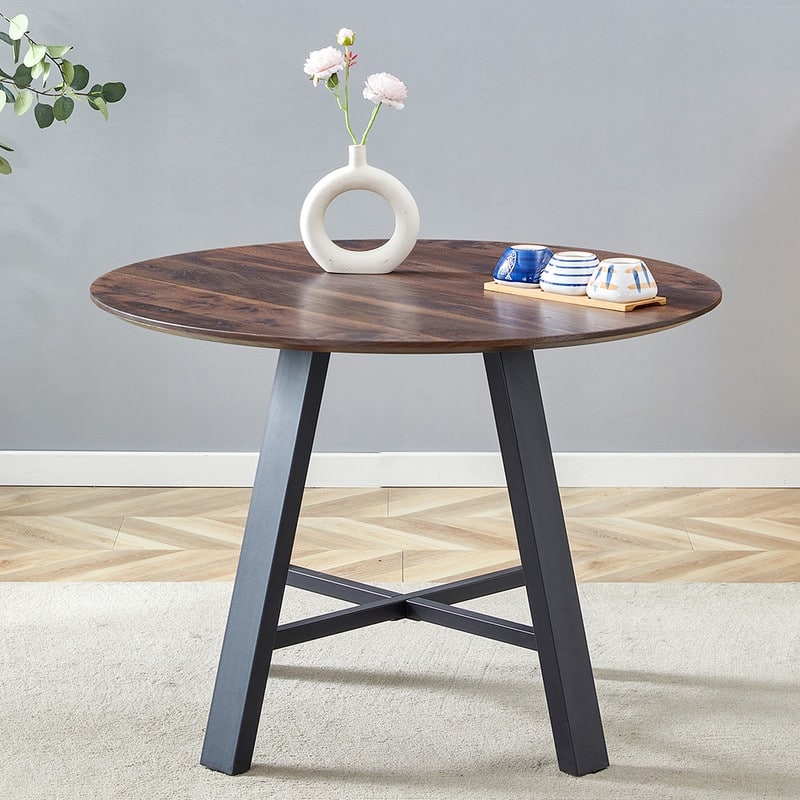 42" Modern Round Dining Table & Coffee Table - Dark Wood Grain Top with Black Metal Legs