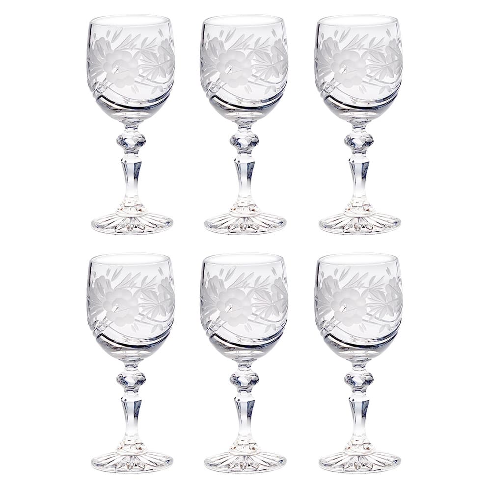 Wine Goblet - Crystal - Glasses - Beautifully Hand Cut - Flower Design - 6 oz. - European Quality - by Majestic Gifts Inc.