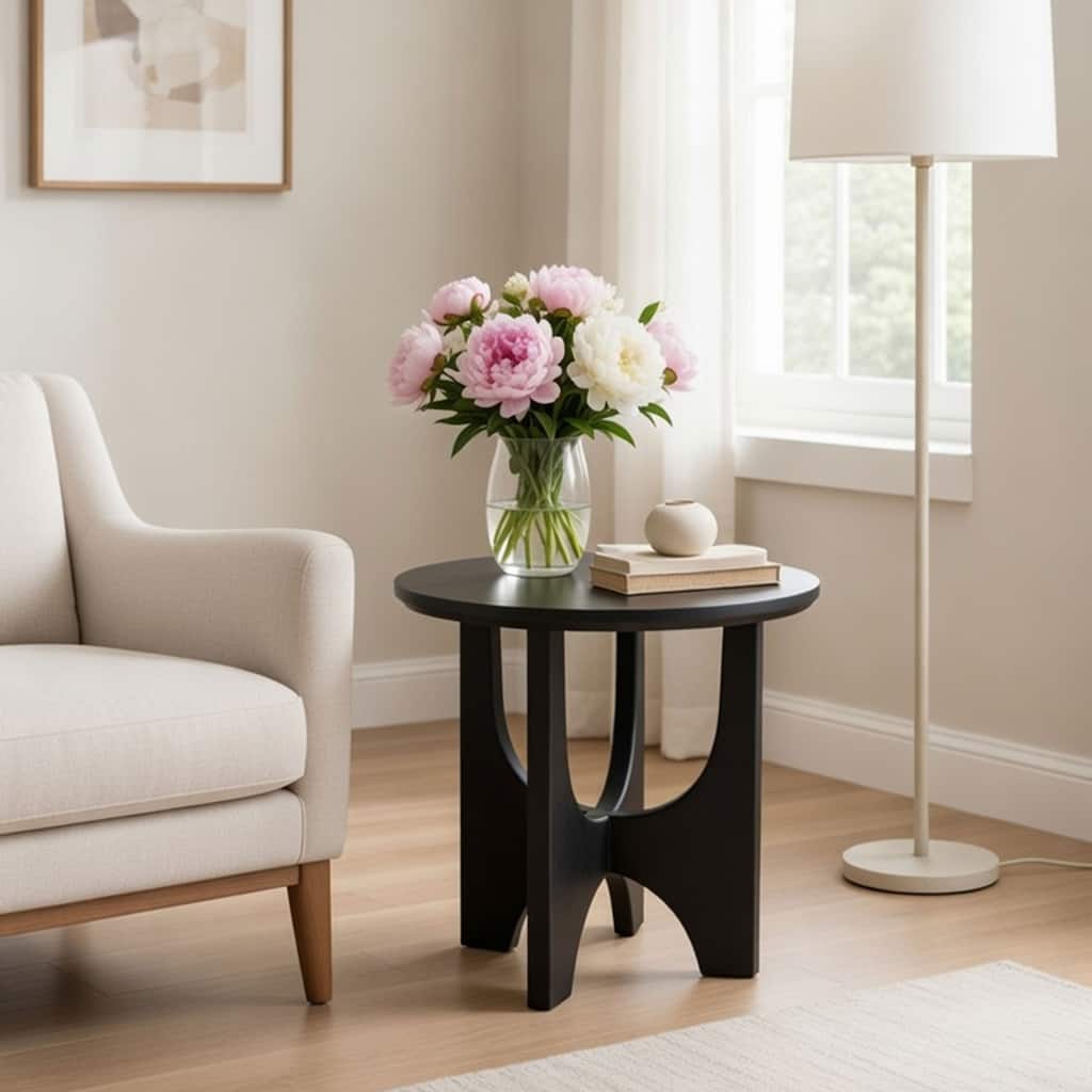 Sara Round Side End Table, 20 Inch Solid Mango Wood Top in Matte Black with Curved legs
