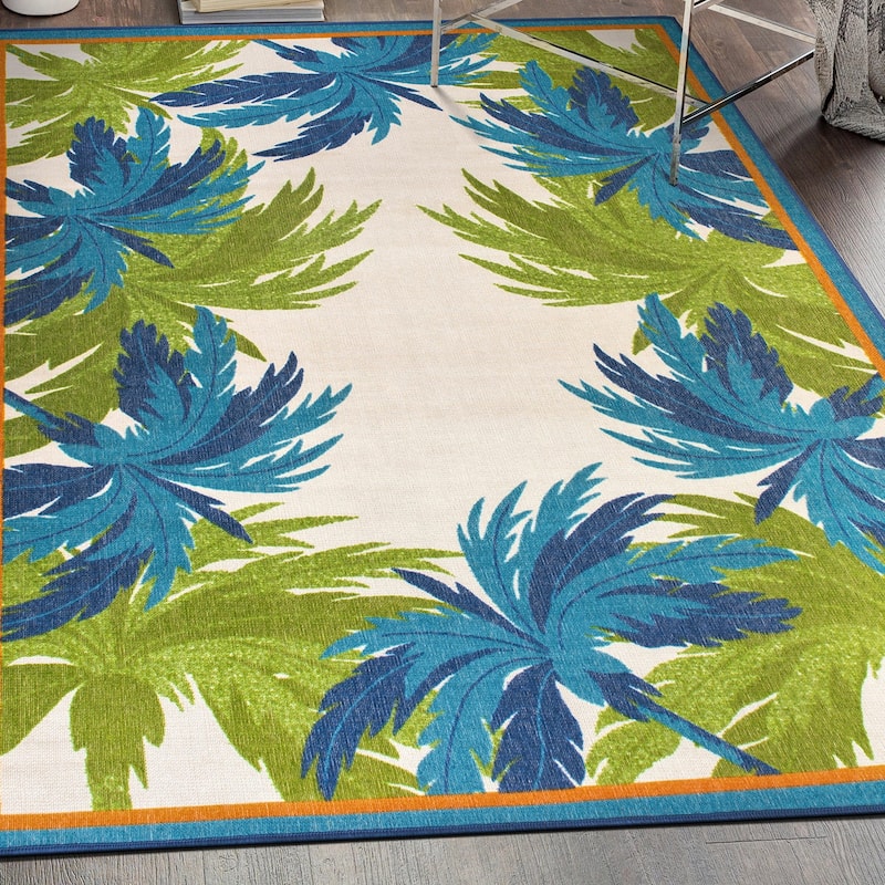Tropical Floral Border Flatweave Indoor/Outdoor Area Rug