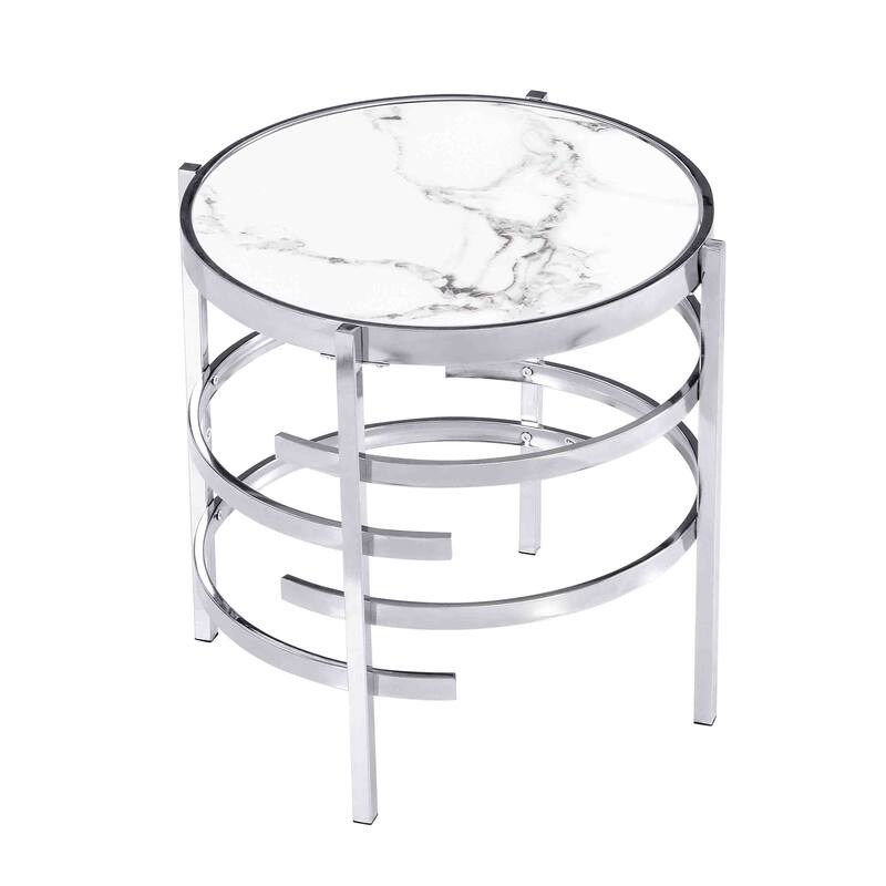 Modern Round End Table with Sintered Stone Top, Chrome/ Silver End Table for Living Room 20.67''W x 20.67''D x 21.65''H