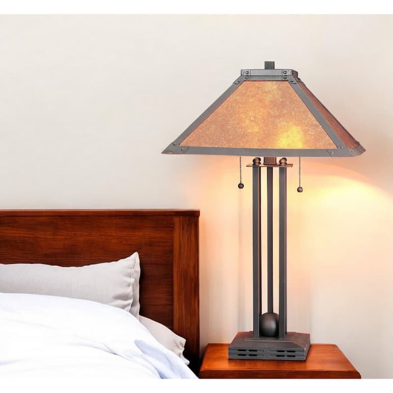25" Grey Rust Metal Table Cylinder Lamp with Amber Square Mica Shade and Pull Chain for Bedroom - 24.5”H x 15”W x 15”D