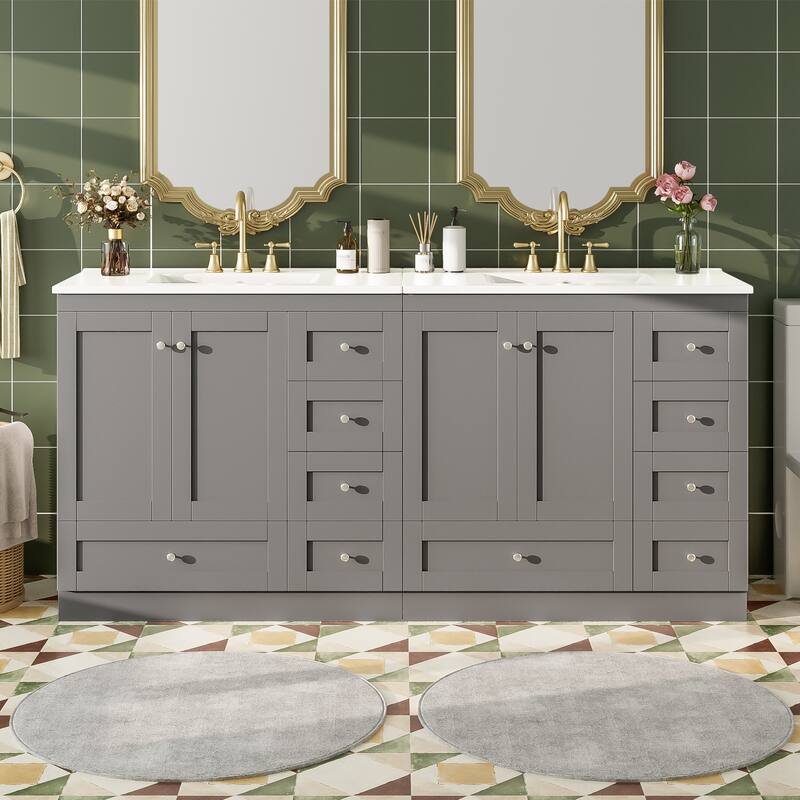 2-Piece Bathroom Vanity Set with Sink, Free-Standing 72" Bathroom Vanity Cabinet with Double Ceramic Sink