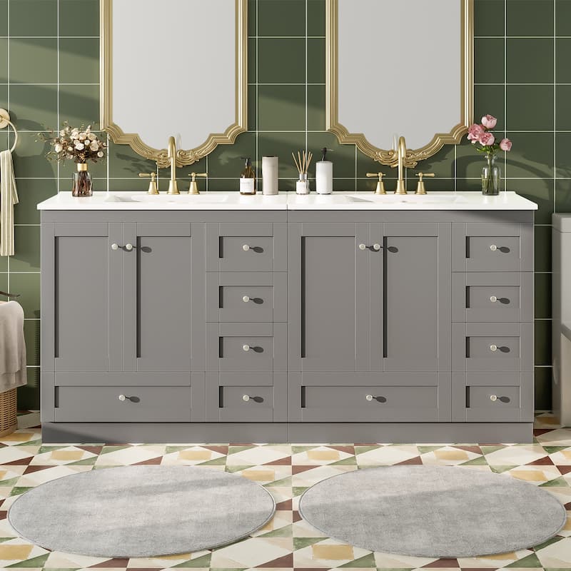 Roomfitters Shaker Style 72" Freestanding Bathroom Vanity Cabinet with Ceramic Sink, Soft-Close Doors and Drawers - Grey