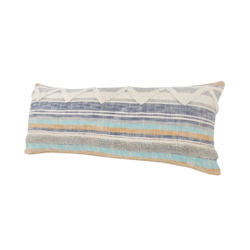 HomeRoots 14" X 36" Orange Turquoise Gray Blue And White 100% Cotton Striped Zippered Pillow