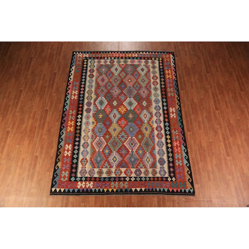 Kilim Oriental Area Rug Hand-Woven Orange Reversible Wool Carpet - 8'0"x 11'2"