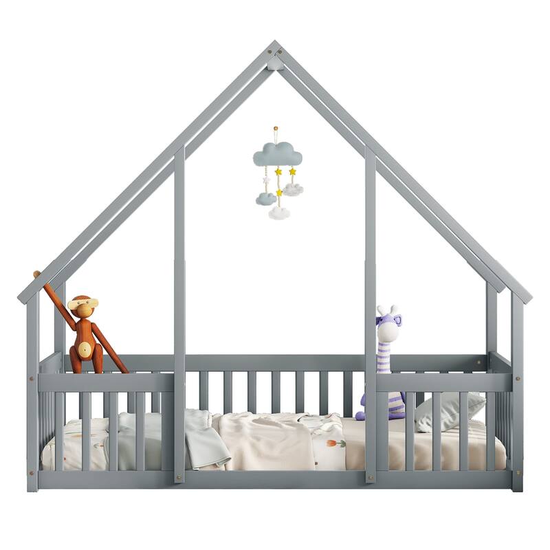 Twin Size Grey Wooden House-Shaped Floor Bed with Safety Fence and Guardrails