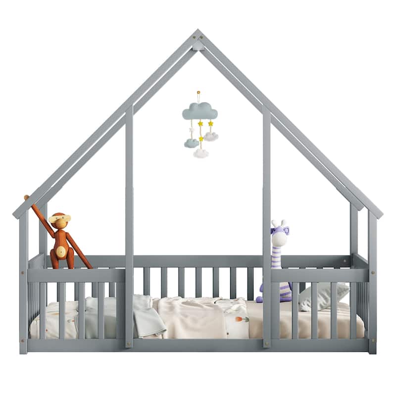 Wood House Bed with House Roof, No Slats Floor Bed with Fence Guardrails, House-shaped Bed Frame for Kids Toddler Boys Girls