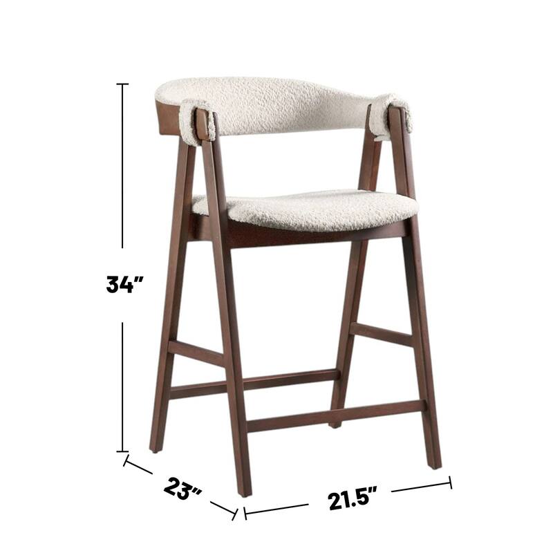 Set of 2 Boucle Upholstered Stools in Walnut and Beige