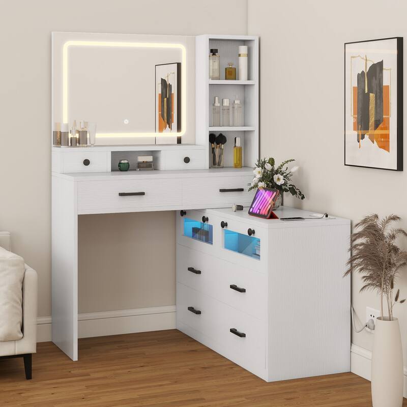 Moasis 65" Makeup Vanity Desk with 10 Drawers, RGB LED Mirror and Charging Station