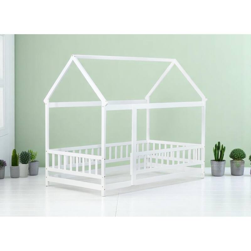 Twin / Full Size Wooden House Bed with Fence and Roof bed Frame, Montessori Style Floor Bed for Kids