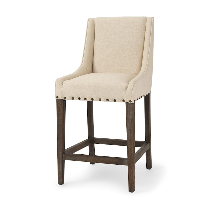 HomeRoots 28" Cream and Brown Fabric and Solid Wood Counter Height Bar Chair