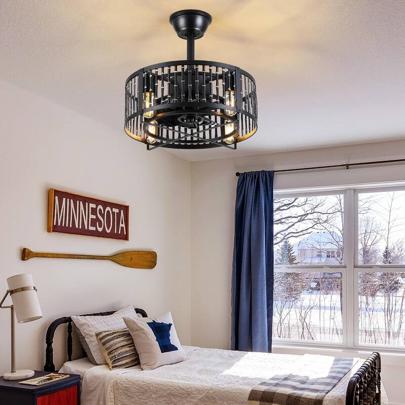 18 and 19 Inches Industrial Caged Ceiling Fan with Light,Downrod Ceiling Fan Light - 18"-Style3
