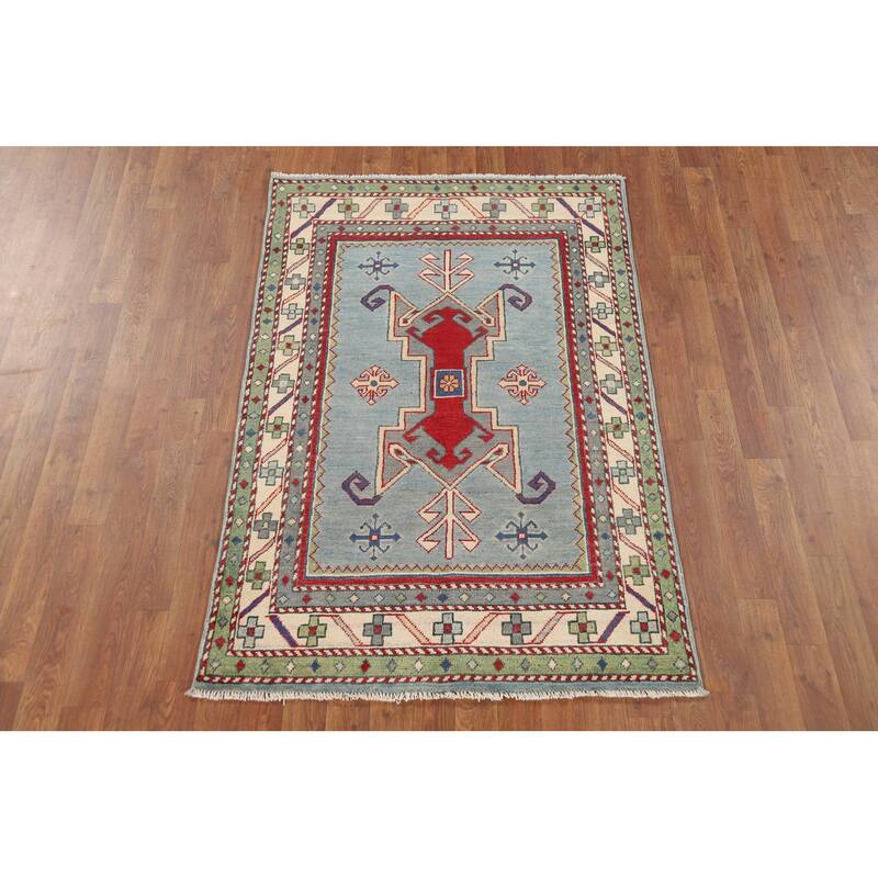 Light Blue Geometric Kazak Accent Rug Handmade Wool Carpet - 3'3" x 4'11"